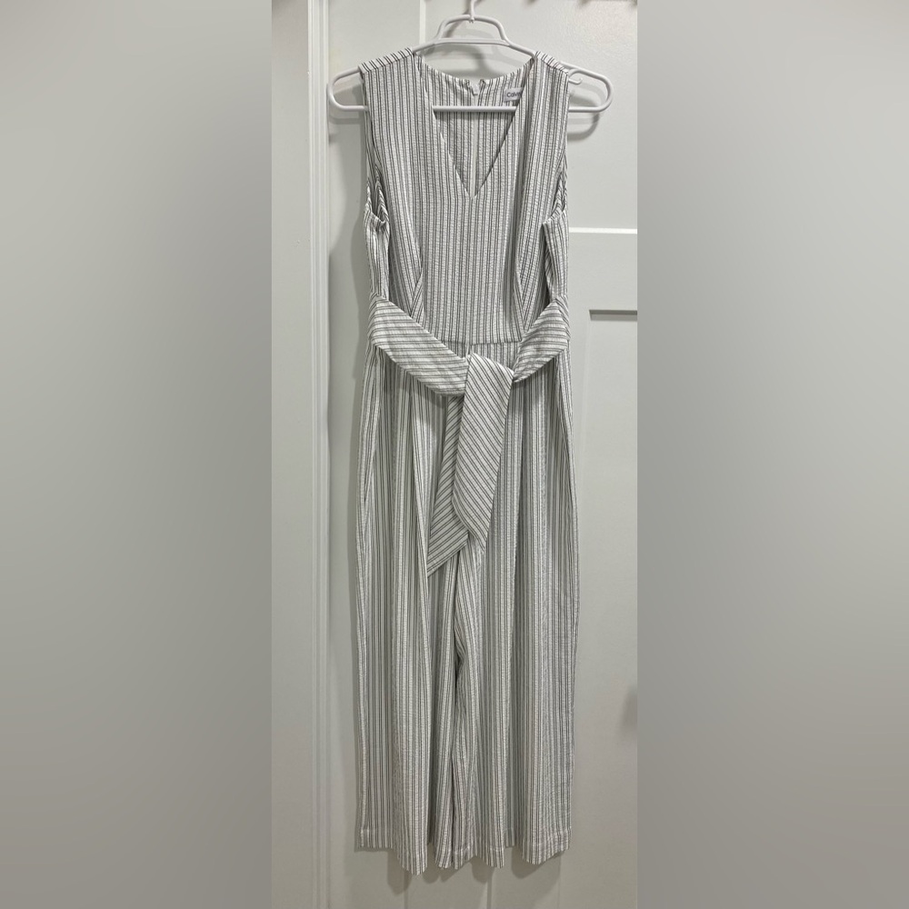 Calvin Klein Cropped Wide Leg Jumpsuit, White with thin black Stripes. Size 4